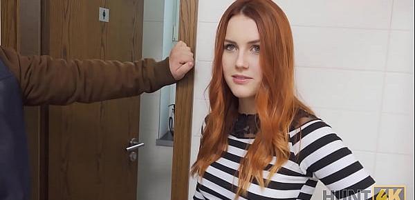  HUNT4K. Belle with red hair fucked by stranger in toilet in front of BF